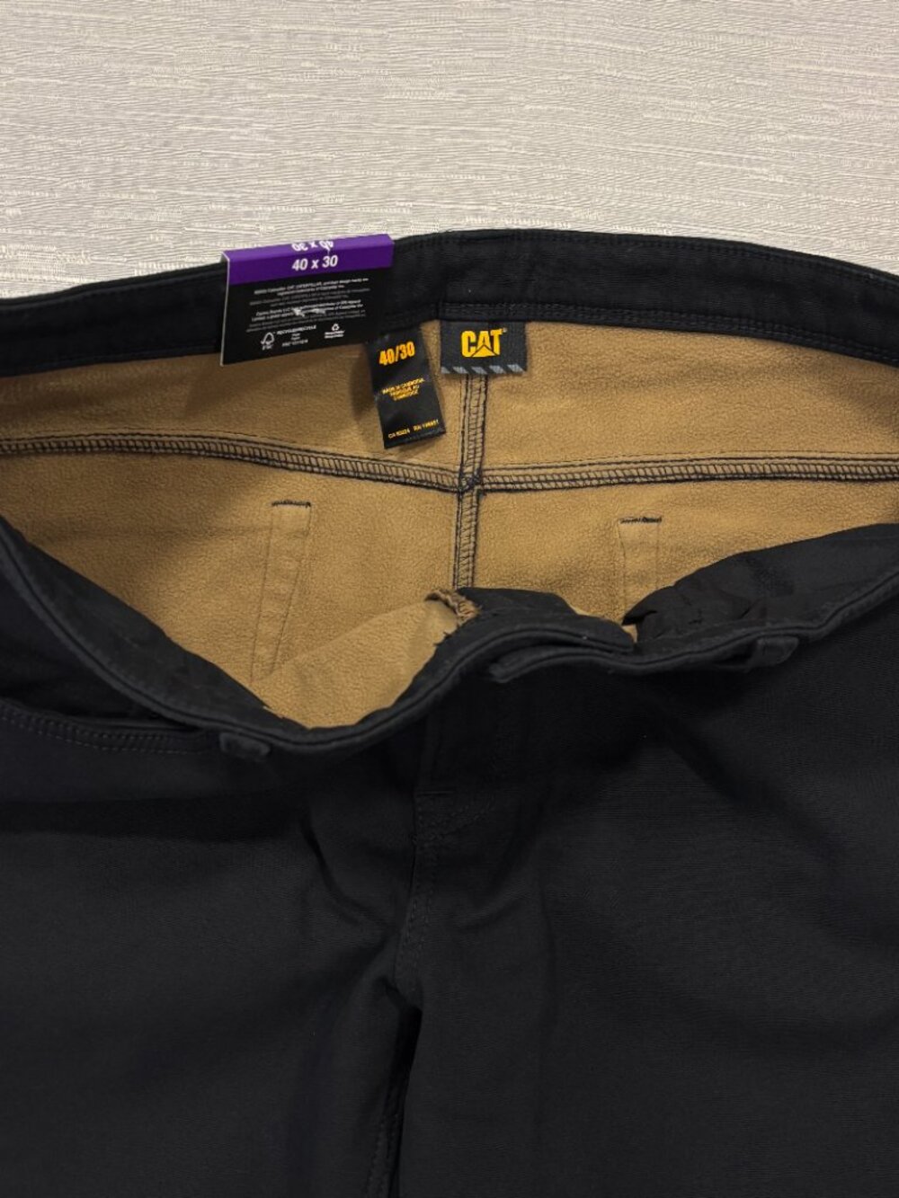 CAT Caterpillar Work Pants Mens 40 x 30 Black Canvas Fleece Lined Insulated - Picture 6 of 14